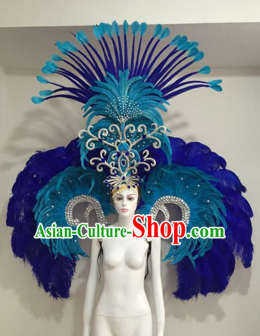 Top Grade Brazilian Catwalks Samba Dance Props Rio Carnival Blue Feather Angel Wings and Headwear for Women