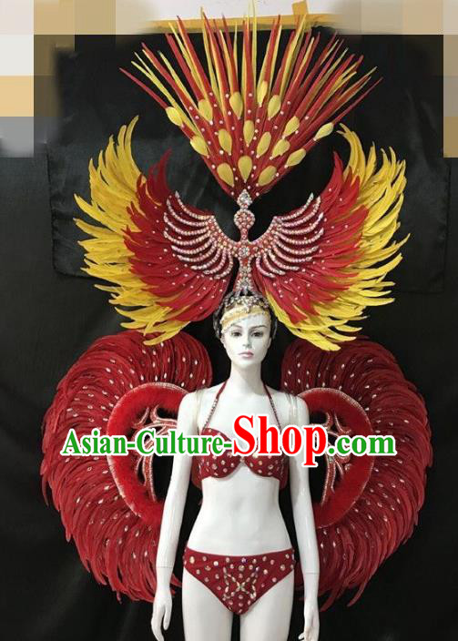 Brazilian Rio Carnival Samba Dance Costumes Halloween Catwalks Swimsuit and Deluxe Red Feather Wings Headwear for Women