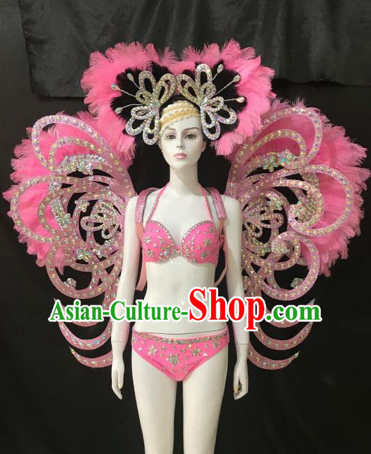 Brazilian Rio Carnival Samba Dance Costumes Halloween Catwalks Swimsuit and Pink Feather Wings Headwear for Women