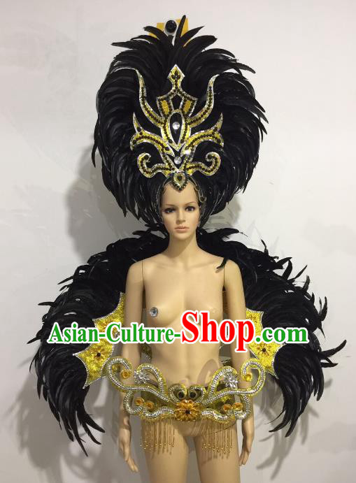 Brazilian Catwalks Samba Dance Props Rio Carnival Black Feather Angel Wings and Headwear for Women