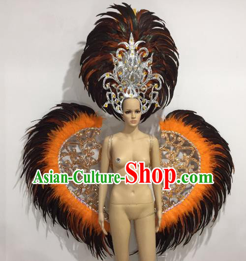 Brazilian Catwalks Samba Dance Props Rio Carnival Black and Orange Feather Angel Wings and Headwear for Women