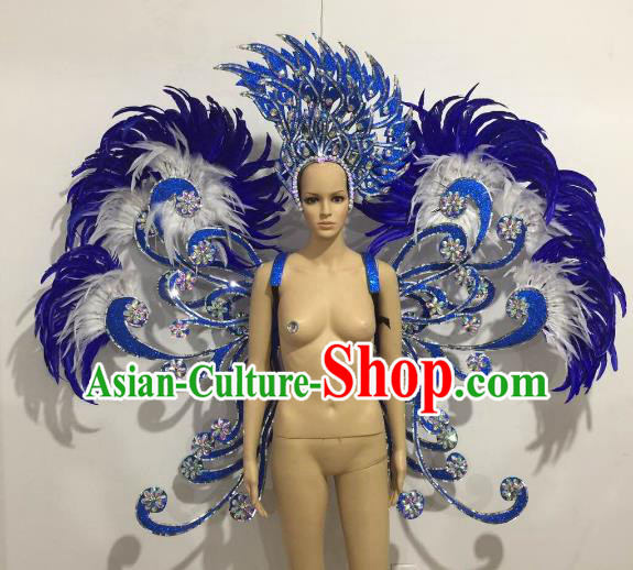 Brazilian Catwalks Samba Dance Props Rio Carnival Blue Feather Butterfly Wings and Headwear for Women