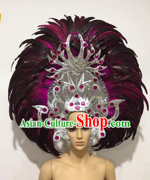 Brazilian Samba Dance Queen Hair Accessories Rio Carnival Roman Black and Rosy Feather Deluxe Headwear for Women