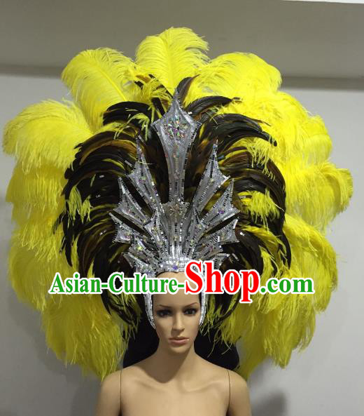 Brazilian Samba Dance Queen Hair Accessories Rio Carnival Yellow and Black Feather Deluxe Headwear for Women