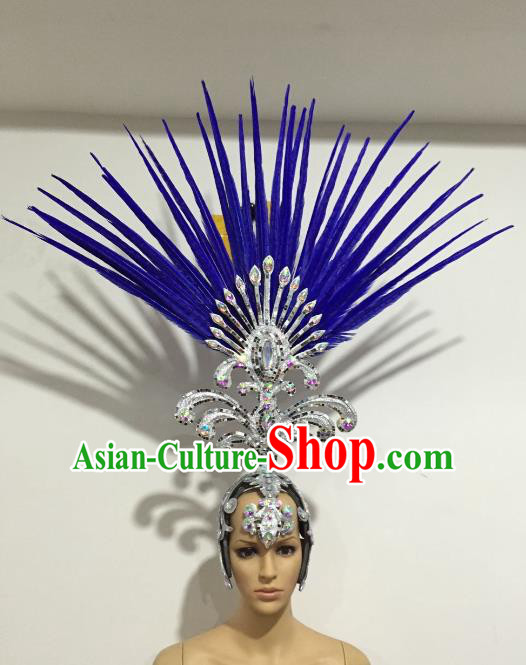 Brazilian Samba Dance Queen Hair Accessories Rio Carnival Blue Ostrich Feather Deluxe Headwear for Women