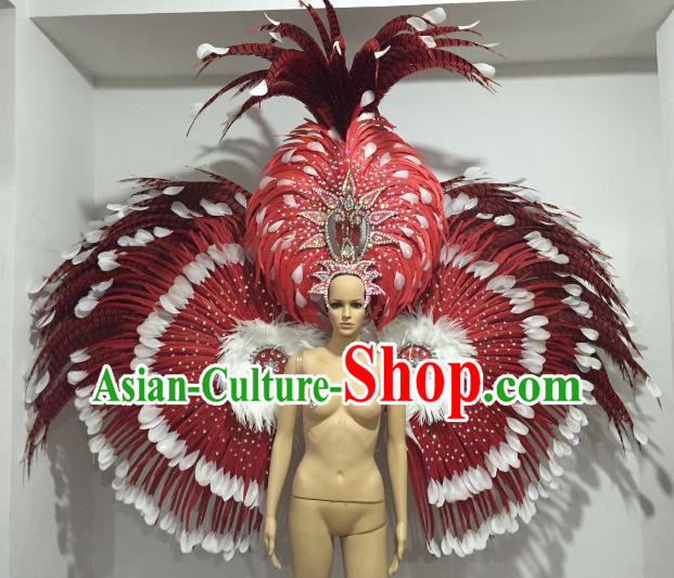 Brazilian Catwalks Props Rio Carnival Samba Dance Red Feather Wings and Headwear for Women