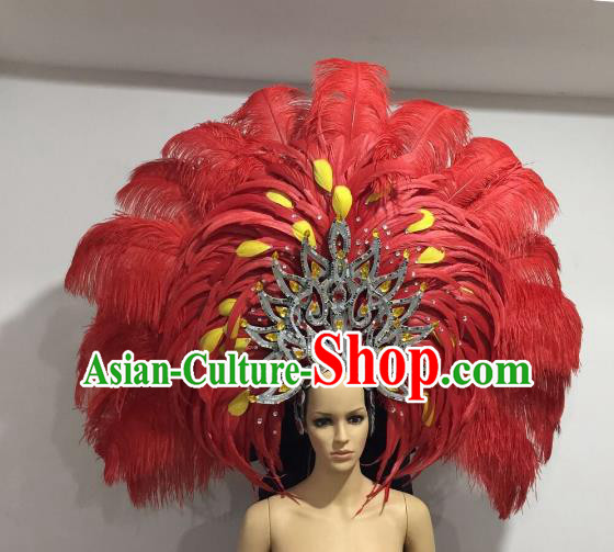 Brazilian Catwalks Hair Accessories Rio Carnival Samba Dance Red Ostrich Feather Deluxe Headwear for Women