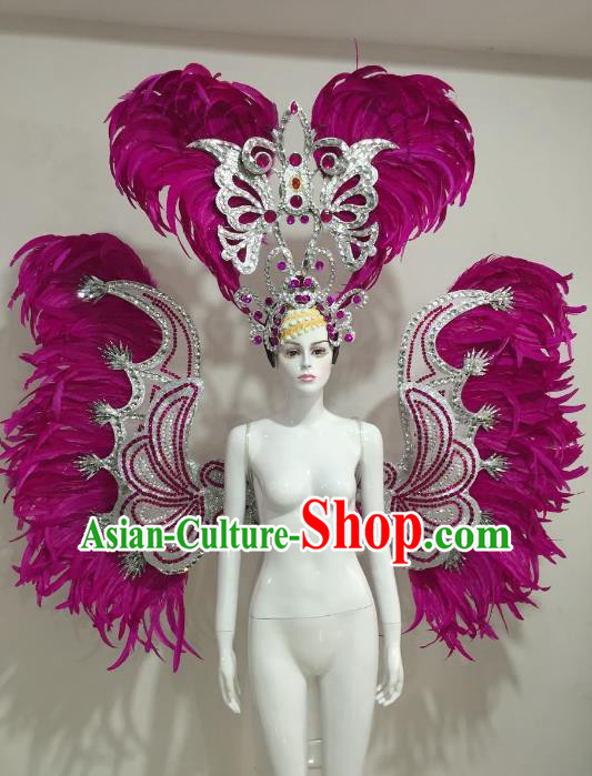 Brazilian Catwalks Samba Dance Props Rio Carnival Rosy Feather Angel Wings and Headwear for Women