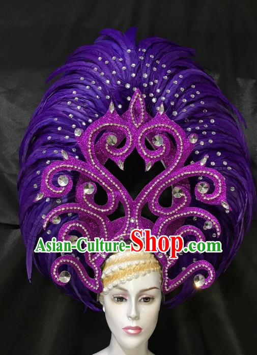 Brazilian Rio De Janeiro Carnival Purple Feather Hair Accessories Samba Dance Catwalks Headdress for Women