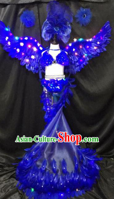 Brazilian Rio Carnival Samba Dance Costumes Halloween Catwalks Blue Feather LED Trailing Swimsuit and Headwear for Kids
