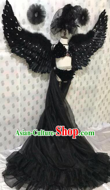 Brazilian Rio Carnival Samba Dance Costumes Halloween Catwalks Black Feather Swimsuit and Headwear for Kids