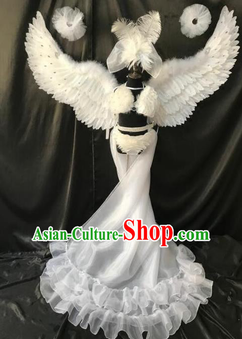 Brazilian Rio Carnival Samba Dance Costumes Halloween Catwalks White Feather Swimsuit and Headwear for Kids