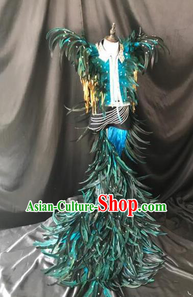 Brazilian Rio Carnival Samba Dance Costumes Halloween Catwalks Deluxe Green Feather Clothing for Kids
