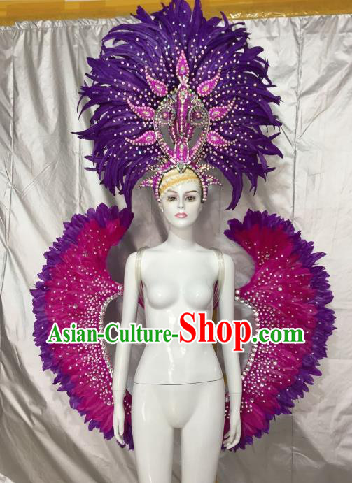 Top Grade Brazilian Carnival Samba Dance Props Catwalks Purple Feather Wings and Headwear for Women