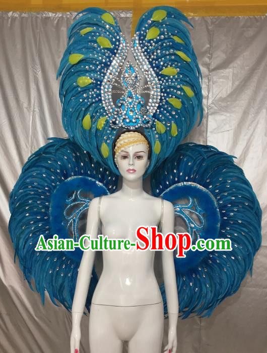 Top Grade Brazilian Carnival Samba Dance Props Catwalks Blue Feather Wings and Headwear for Women