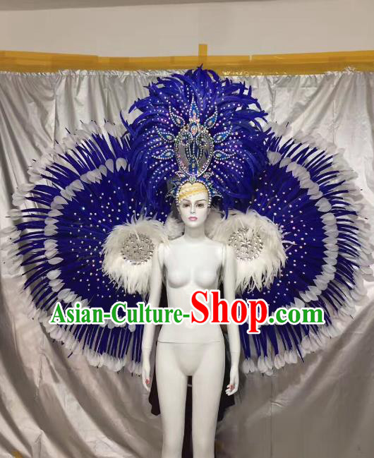 Top Grade Brazilian Carnival Samba Dance Royalblue Feather Angel Wings Catwalks Headwear for Women