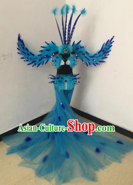 Top Grade Samba Dance Costumes Brazilian Carnival Catwalks Blue Swimsuit and Feather Wings for Kids