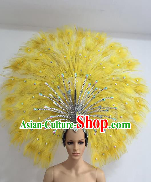 Brazilian Carnival Catwalks Yellow Feather Peacock Headdress Rio Samba Dance Deluxe Hair Accessories for Women