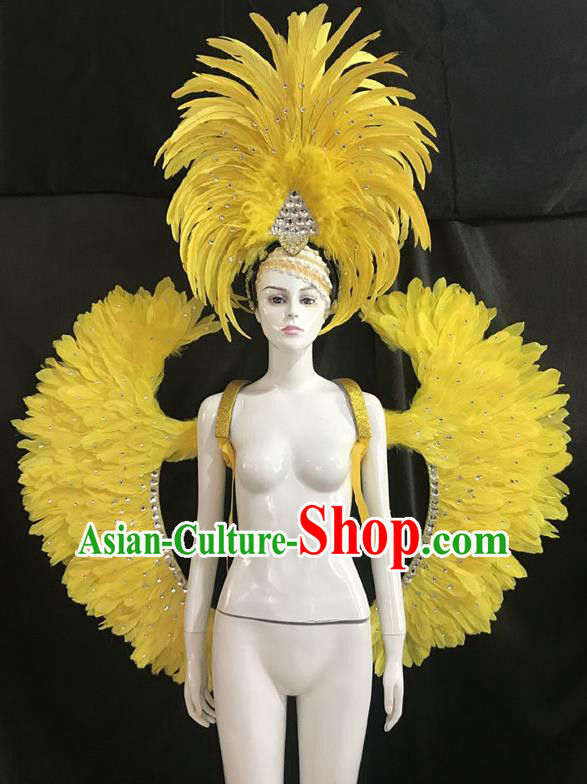 Brazilian Rio Carnival Samba Dance Yellow Feather Wings and Headwear for Adults