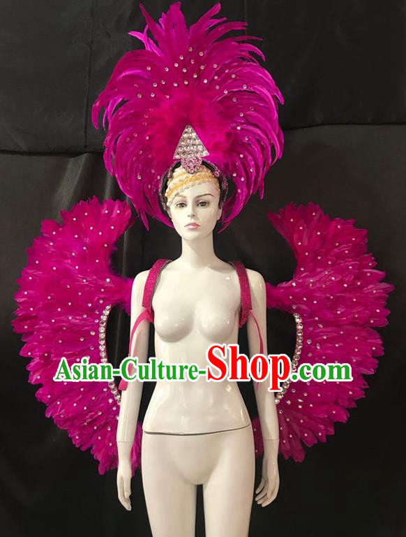 Brazilian Rio Carnival Samba Dance Rosy Feather Wings and Headwear for Adults