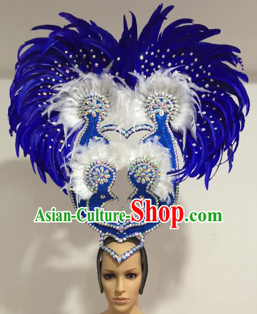 Brazilian Carnival Catwalks Royalblue Feather Peacock Headdress Rio Samba Dance Deluxe Hair Accessories for Women