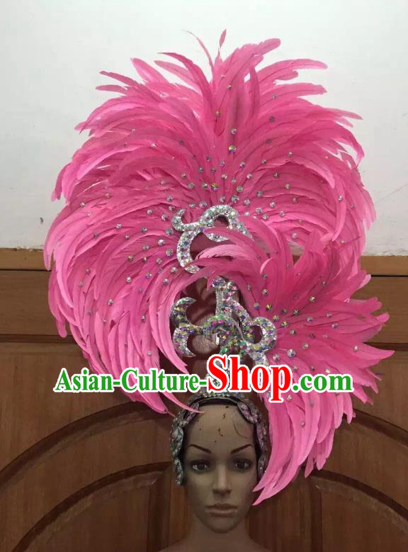 Handmade Samba Dance Deluxe Pink Feather Hair Accessories Brazilian Rio Carnival Headdress for Women