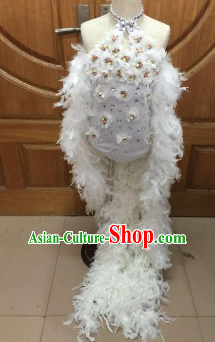 Brazilian Rio Carnival Samba Dance Costumes Catwalks White Feather Swimsuit for Kids