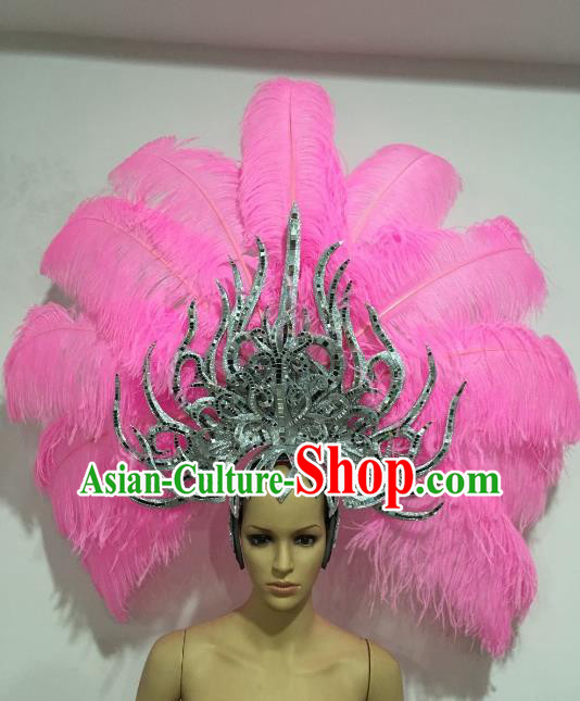 Brazilian Carnival Catwalks Pink Feather Headdress Rio Samba Dance Deluxe Hair Accessories for Women