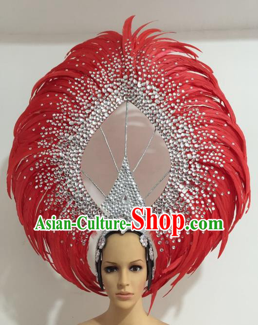 Brazilian Carnival Catwalks Red Feather Diamante Headdress Rio Samba Dance Deluxe Hair Accessories for Women