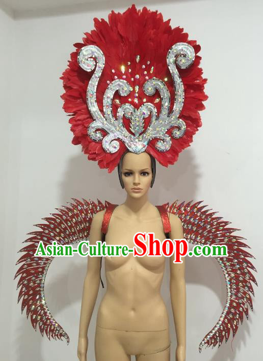 Brazilian Catwalks Headdress and Props Rio Carnival Samba Dance Red Feather Wings and Headwear for Women