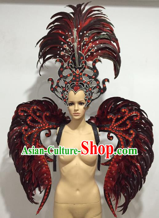 Brazilian Catwalks Props Rio Carnival Samba Dance Miami Black Feather Wings and Headdress for Women