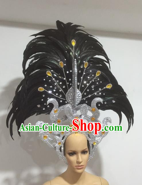 Top Grade Brazilian Carnival Catwalks Black Feather Headdress Rio Samba Dance Miami Deluxe Hair Accessories for Women