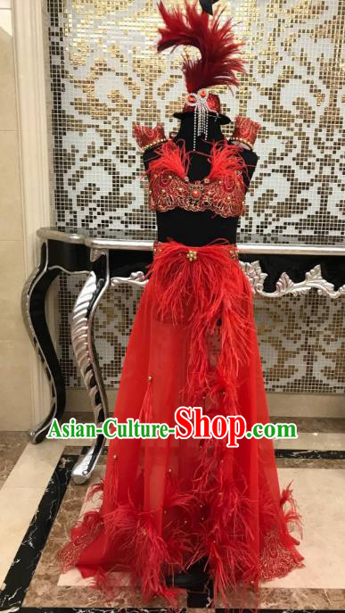 Top Grade Catwalks Costumes Brazilian Carnival Samba Dance Red Feather Swimsuit and Headdress for Kids