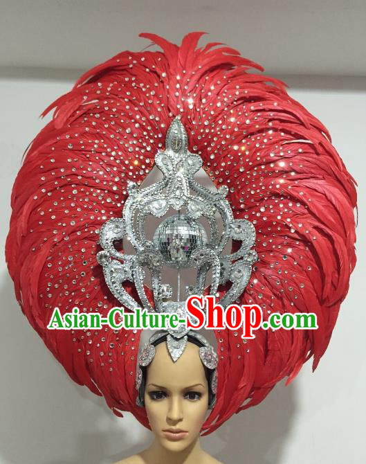 Red Feather Brazilian Carnival Headdress Rio Samba Dance Miami Catwalks Deluxe Hair Accessories for Women