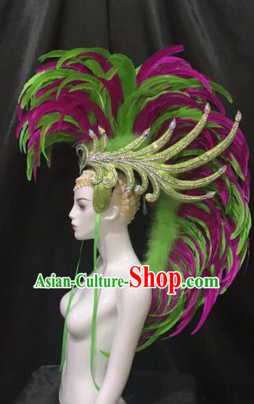 Brazilian Carnival Rio Samba Dance Green and Rosy Feather Headdress Miami Catwalks Deluxe Hair Accessories for Men