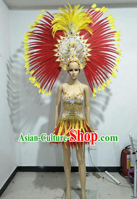 Top Grade Catwalks Costumes Brazilian Carnival Samba Dance Red Feather Swimsuit and Headdress for Women