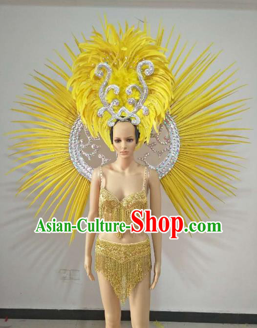 Top Grade Catwalks Costumes Brazilian Carnival Samba Dance Yellow Feather Swimsuit and Wings for Women