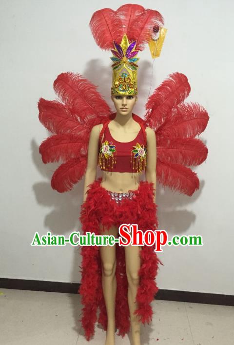 Top Grade Catwalks Costumes Brazilian Carnival Samba Dance Red Feather Swimsuit and Wings for Women