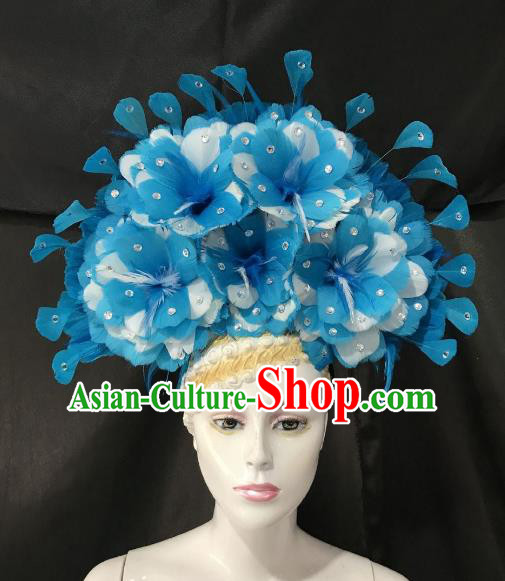 Brazilian Carnival Rio Samba Dance Blue Feather Headdress Miami Catwalks Hair Accessories for Men