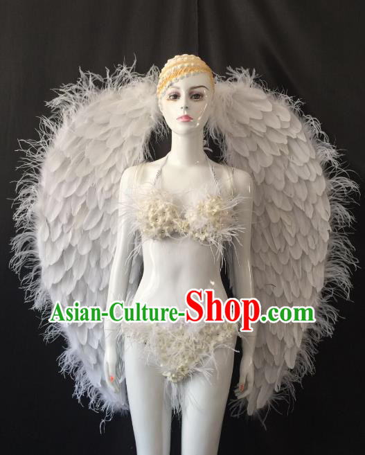 Brazilian Carnival Samba Dance Catwalks Costumes White Feather Swimsuit and Wings for Women