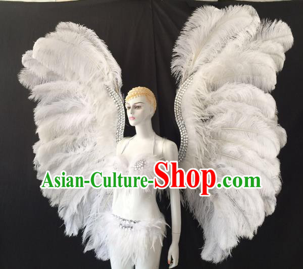 Brazilian Carnival Samba Dance Catwalks Costumes Swimsuit and White Feather Butterfly Wings for Women
