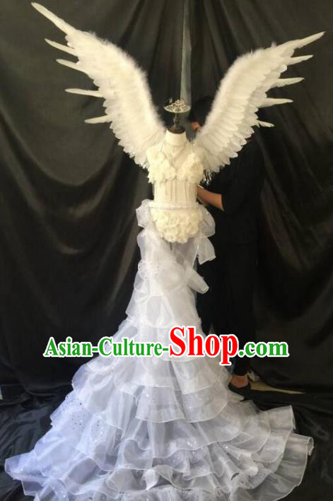 Brazilian Carnival Samba Dance Catwalks Costumes Trailing Swimsuit and White Feather Wings for Kids