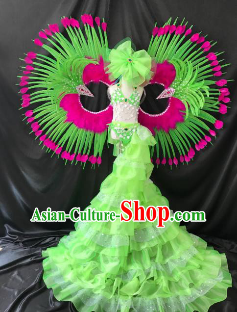 Brazilian Rio Carnival Samba Dance Costumes Catwalks Trailing Green Feather Swimsuit and Wings for Kids