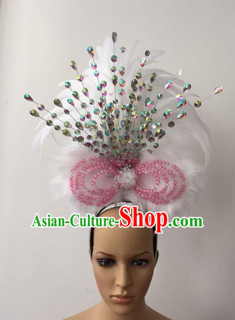 Brazilian Rio Carnival Samba Dance White Feather Deluxe Headdress Stage Performance Hair Accessories for Women