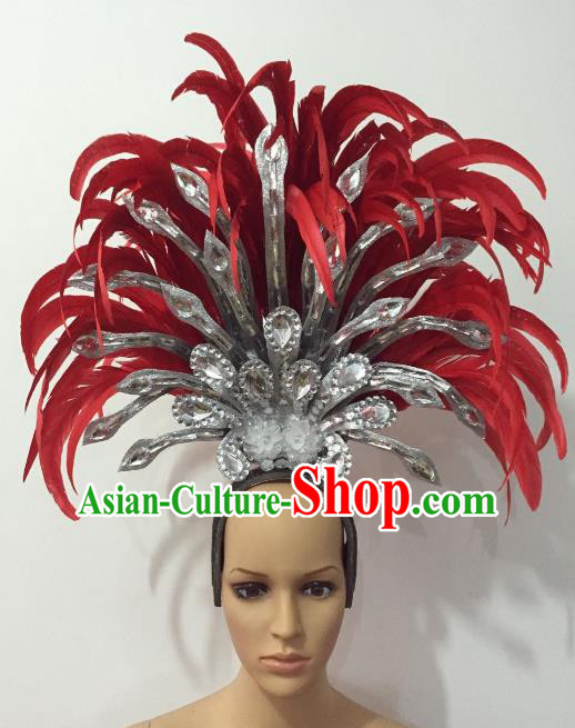 Brazilian Rio Carnival Samba Dance Red Feather Deluxe Headdress Stage Performance Hair Accessories for Women