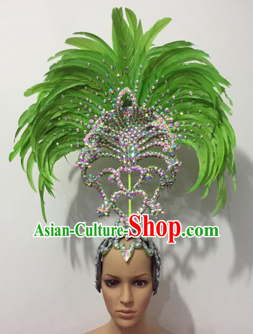 Brazilian Rio Carnival Samba Dance Green Feather Deluxe Headdress Stage Performance Hair Accessories for Women