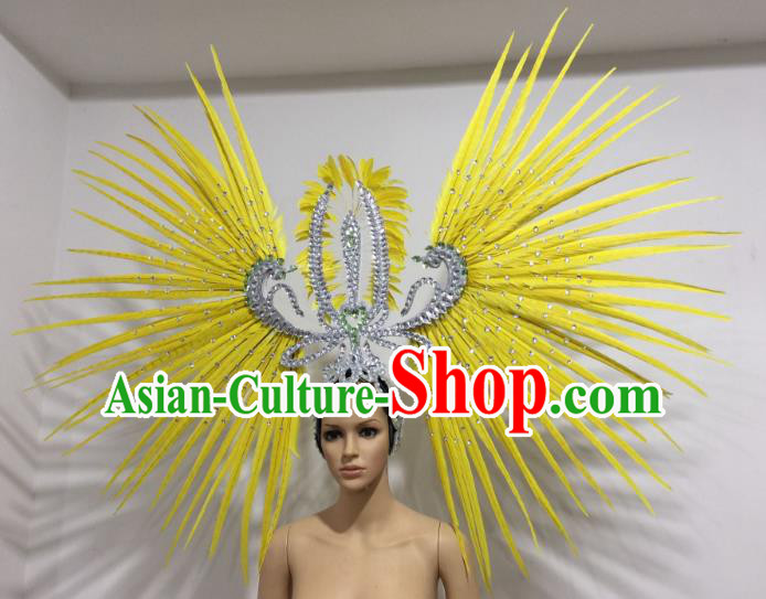 Brazilian Carnival Rio Samba Dance Yellow Feather Headdress Miami Catwalks Deluxe Hair Accessories for Women