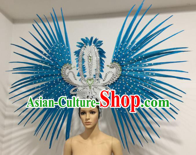 Brazilian Carnival Rio Samba Dance Blue Feather Headdress Miami Catwalks Deluxe Hair Accessories for Women