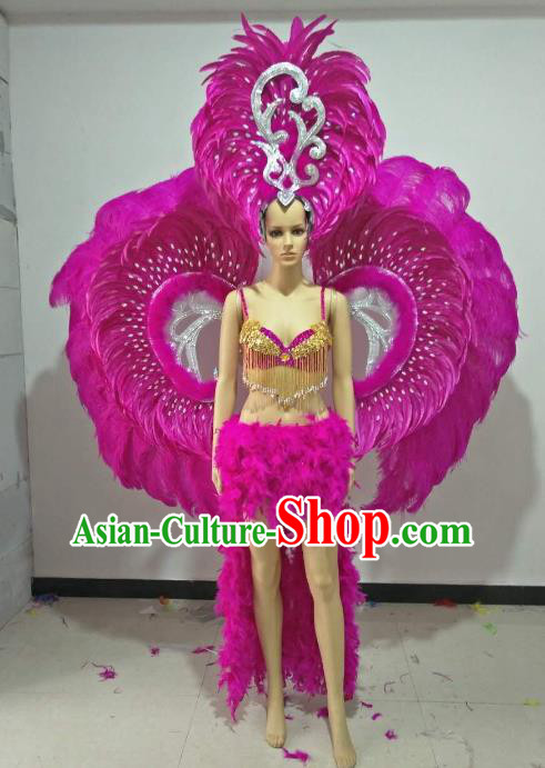 Brazilian Carnival Samba Dance Catwalks Costumes and Props Rosy Feather Swimsuit and Wings for Women