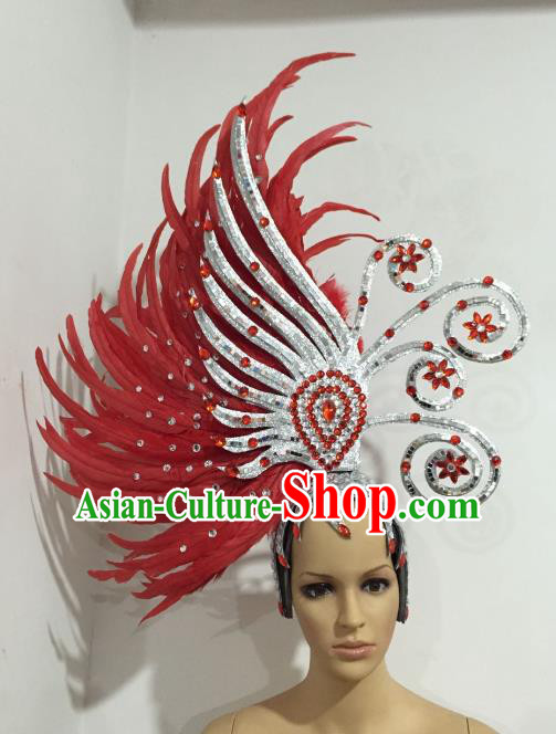 Brazilian Samba Dance Queen Hair Accessories Rio Carnival Red Feather Deluxe Headwear for Women